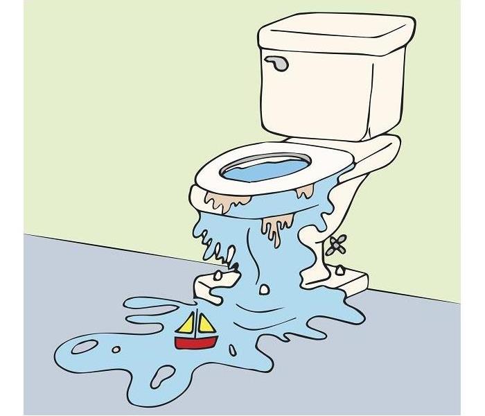 Cartoon image of toilet overflowing; sailboat floating in the water on floor
