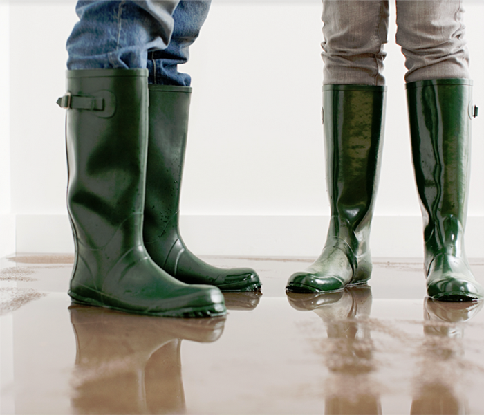 two people standing in rain boots in a flooded room with carpet floor