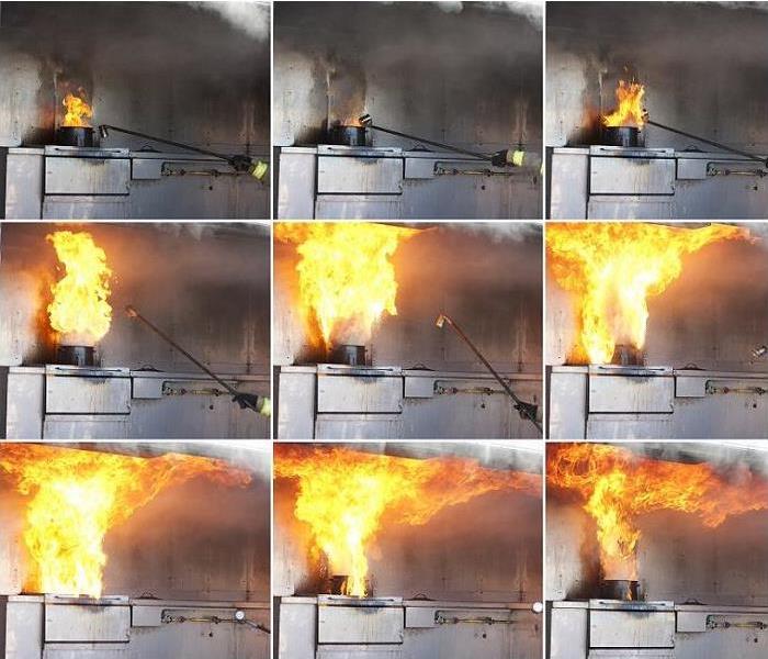 Time lapse photos showing the beginning of a flame to a kitchen fire