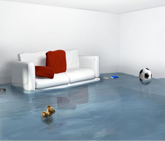 living room with a pool of water on the floor and a white sofa