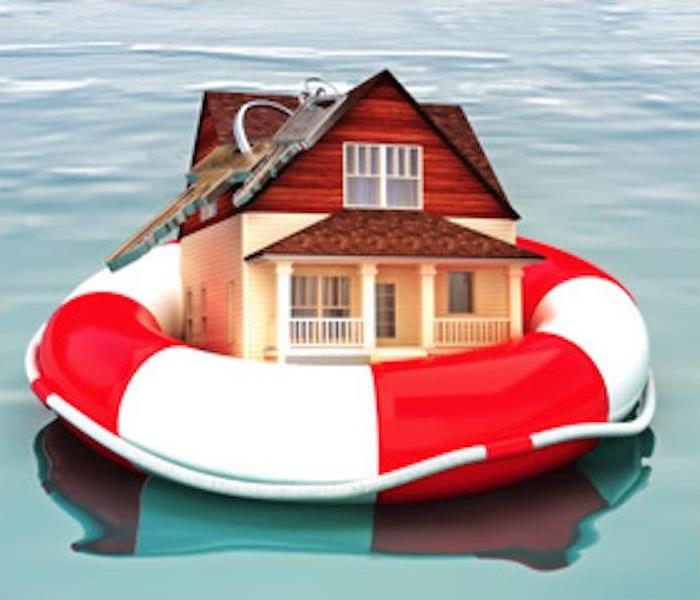 house nestled inside a life preserver floating on water